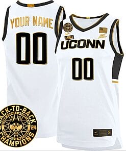 Custom UConn Huskies Basketball Jersey 2024 Back To Back Champions Patch White Gold