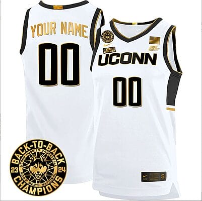 Custom UConn Huskies Basketball Jersey 2024 Back To Back Champions Patch White Gold