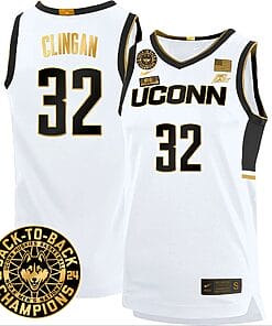 Donovan Clingan Jersey #32 UConn Huskies Basketball 2024 Back To Back Champions Patch White Gold