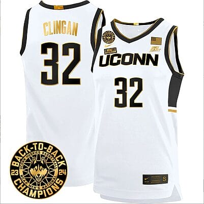 Donovan Clingan Jersey #32 UConn Huskies Basketball 2024 Back To Back Champions Patch White Gold
