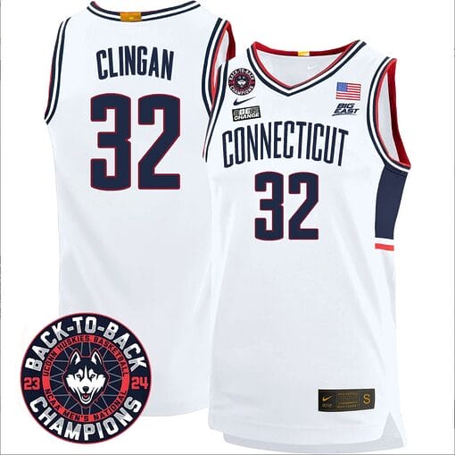 Donovan Clingan Jersey #32 UConn Huskies Basketball 2024 Back To Back Champions Patch White