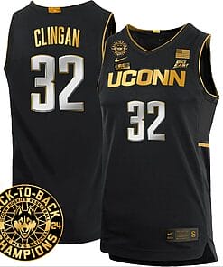 Donovan Clingan Jersey #32 UConn Huskies Basketball 2024 Back To Back Champions Patch Black Gold