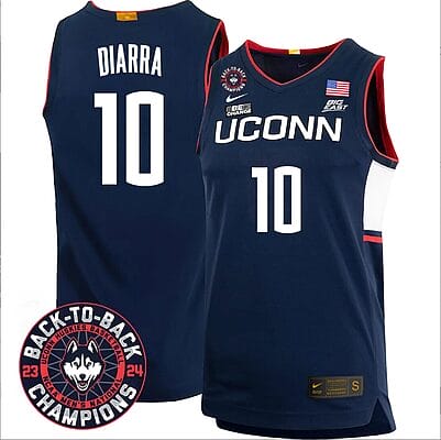 Hassan Diarra Jersey #10 UConn Huskies Basketball 2024 Back To Back Champions Patch Navy