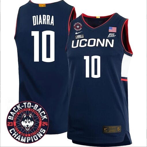 Hassan Diarra Jersey #10 UConn Huskies Basketball 2024 Back To Back Champions Patch Navy