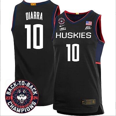 Hassan Diarra Jersey #10 UConn Huskies Basketball 2024 Back To Back Champions Patch Black