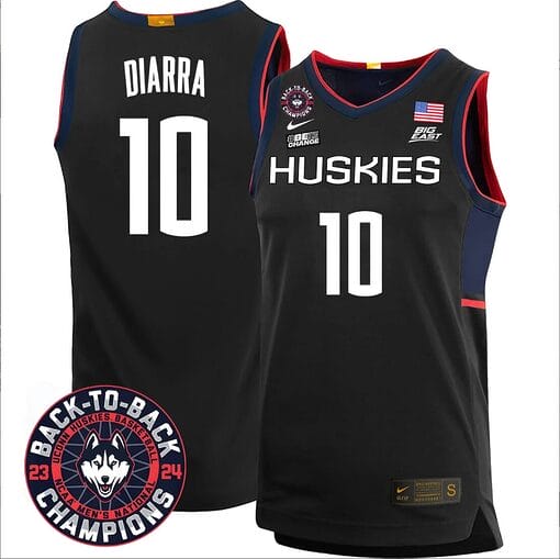 Hassan Diarra Jersey #10 UConn Huskies Basketball 2024 Back To Back Champions Patch Black