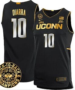 Hassan Diarra Jersey #10 UConn Huskies Basketball 2024 Back To Back Champions Patch Black Gold