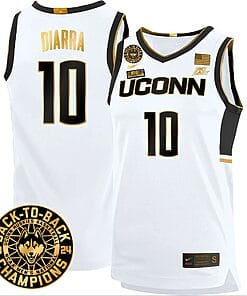 Hassan Diarra Jersey #10 UConn Huskies Basketball 2024 Back To Back Champions Patch White Gold