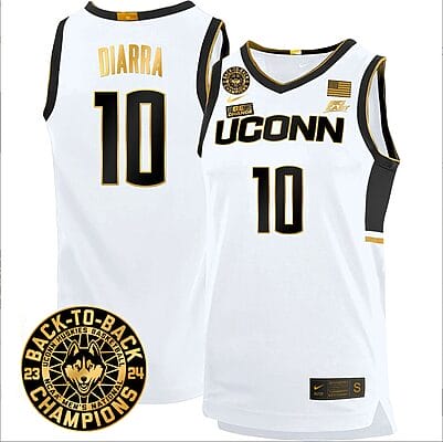 Hassan Diarra Jersey #10 UConn Huskies Basketball 2024 Back To Back Champions Patch White Gold