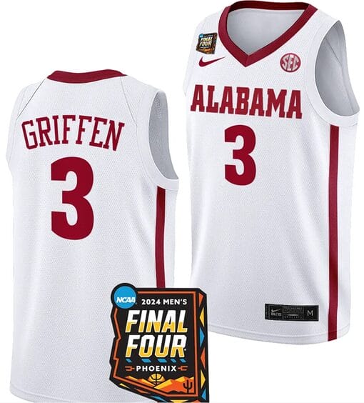 Rylan Griffen Jersey #3 Alabama Crimson Tide 2024 NCAA March Madness Final Four Basketball White