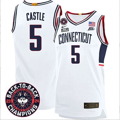 Stephon Castle Jersey #5 UConn Huskies Basketball 2024 Back To Back Champions Patch White