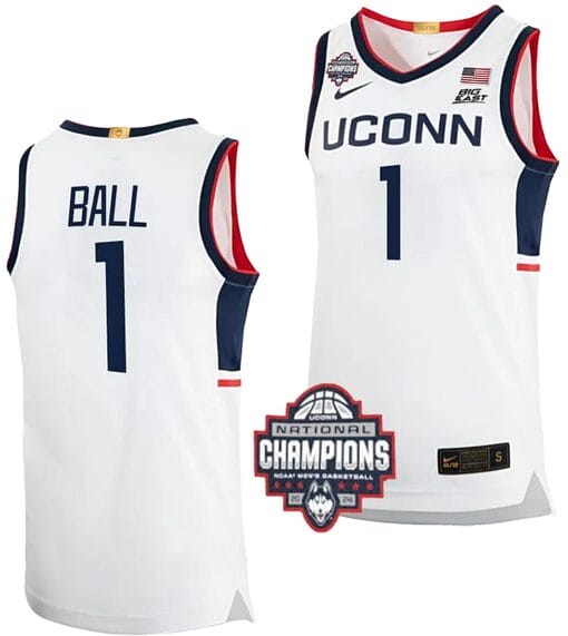 Solomon Ball Jersey #1 UConn Huskies 2024 NCAA Basketball National Champions White Elite