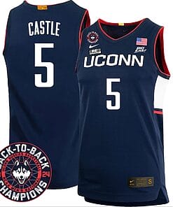 Stephon Castle Jersey #5 UConn Huskies Basketball 2024 Back To Back Champions Patch Navy