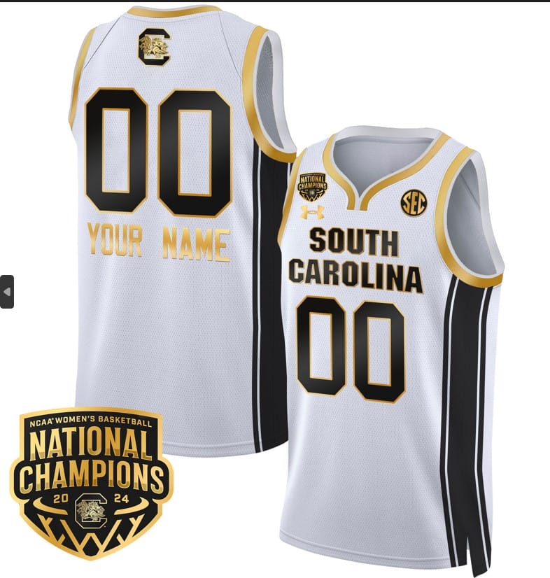 Custom South Carolina Gamecocks Basketball Jersey Name and Number 2024 National Champions All Stitched White Gold