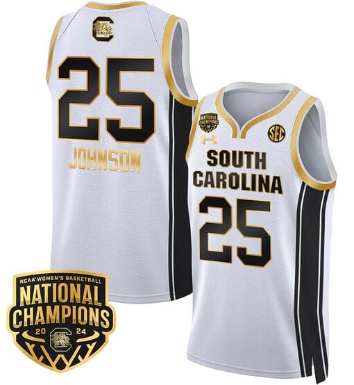 Raven Johnson Jersey #25 South Carolina Gamecocks Basketball 2024 National Champions All Stitched White Gold