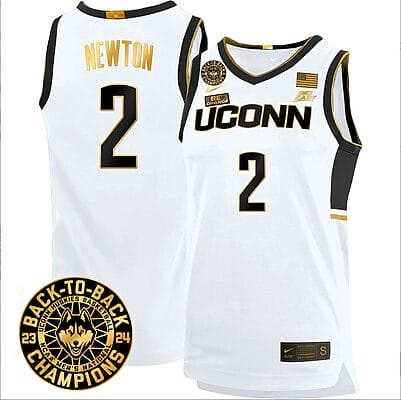 Tristen Newton Jersey #2 UConn Huskies Basketball 2024 Back To Back Champions Patch White Gold