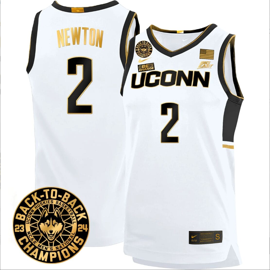 Tristen Newton Jersey #2 UConn Huskies Basketball 2024 Back To Back Champions Patch White Gold
