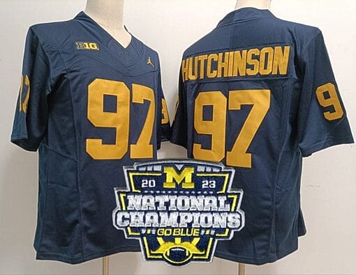 Aidan Hutchinson Jersey #97 Michigan Wolverines Football 2023 National Champions Patch Navy