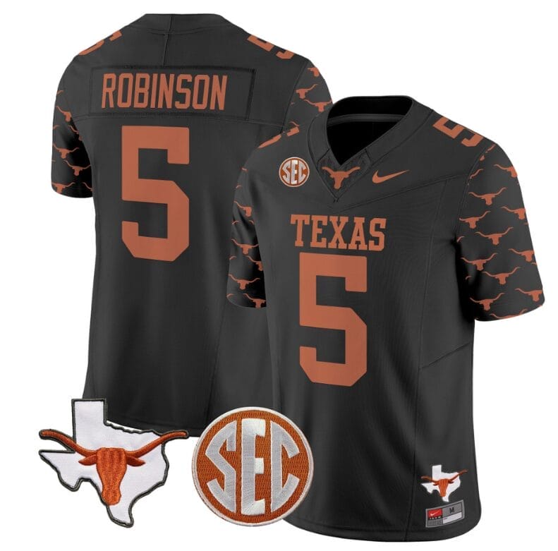 Bijan Robinson Jersey #5 Texas Longhorns State Map and Sec Patch Vapor Limited College Football Stitched Black