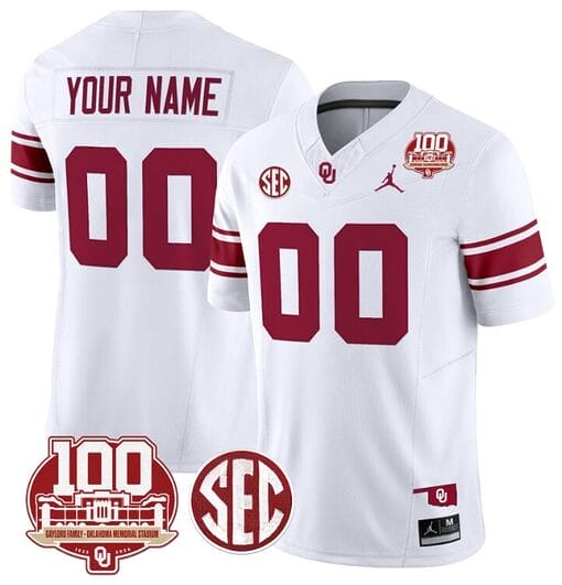 Custom Oklahoma Sooners Jersey Name and Number 100th Anniversary Patch Vapor Limited College Football Stitched White