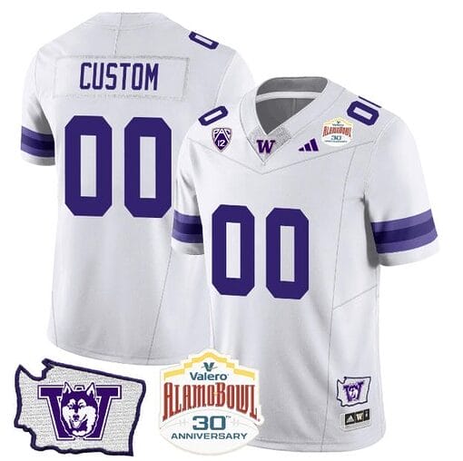 Custom Washington Huskies Jersey Name and Number Alamo Bowl Patch Football White