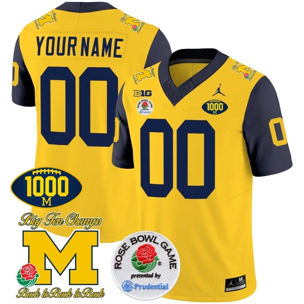 Custom Michigan Wolverines Jersey Name and Number 1000 Wins Rose Bowl Patch Navy Sleeves