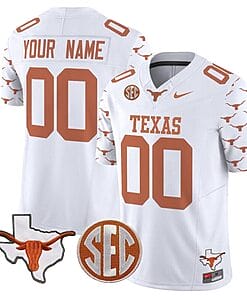 Custom Texas Longhorns Jersey Name and Number State Map and Sec Patch Vapor Limited College Football Stitched White