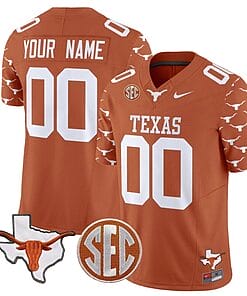 Custom Texas Longhorns Jersey Name and Number State Map and Sec Patch Vapor Limited College Football Stitched Texas Orange