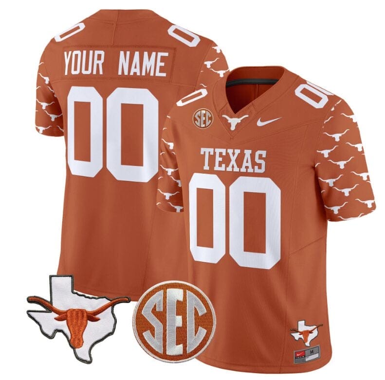Custom Texas Longhorns Jersey Name and Number State Map and Sec Patch Vapor Limited College Football Stitched Texas Orange