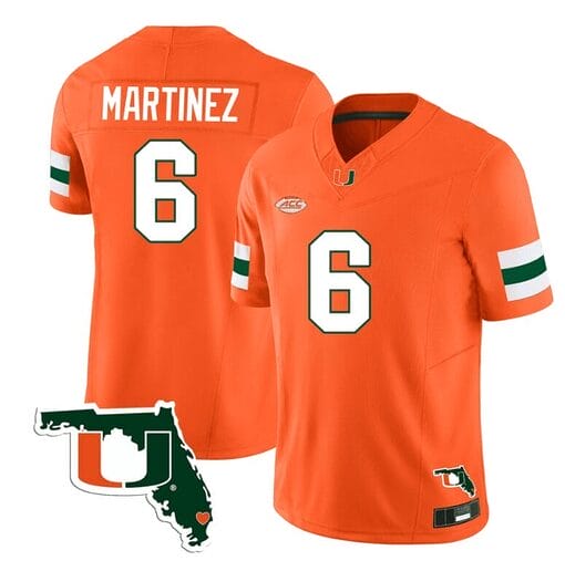 Damien Martinez Jersey #6 Miami Hurricanes Florida Map College Football Stitched Orange