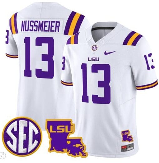 Garrett Nussmeier Jersey #13 LSU Tigers 2024 Louisiana Patch Vapor Limited College Football Stitched White