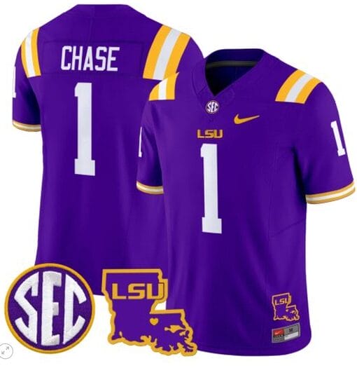 JaMarr Chase Jersey #1 LSU Tigers 2024 Louisiana Patch Vapor Limited College Football Stitched Purple
