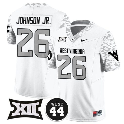 Justin Johnson Jr Jersey #26 West Virginia Mountaineers 2024 Vapor Limited Football Honor Jerry West Stitched White
