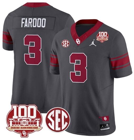Jalil Farooq Jersey #3 Oklahoma Sooners 100th Anniversary Patch Vapor Limited College Football Stitched Anthracite