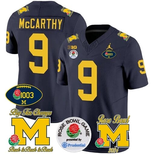 JJ McCarthy Jersey #2 Michigan Wolverines Vapor 1003 Wins Rose Bowl Patch Football Navy