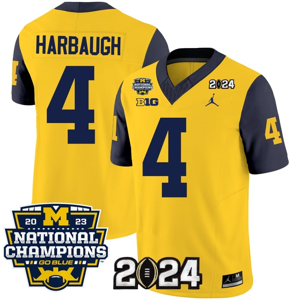 Jim Harbaugh Jersey #4 Michigan Wolverines Vapor Limited Football 2024 National Champions Patch Navy Sleeves