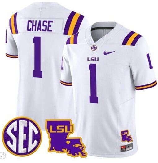 JaMarr Chase Jersey #1 LSU Tigers 2024 Louisiana Patch Vapor Limited College Football Stitched White