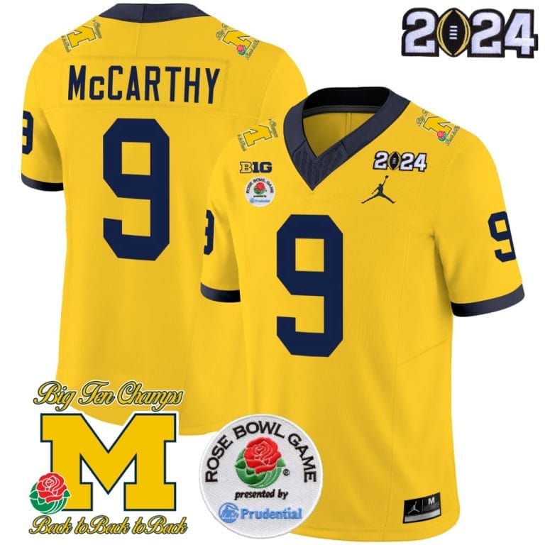 JJ McCarthy Jersey #9 Vapor Limited – 2024 College Football Bowl + Rose Bowl Patch Maize