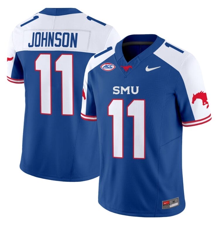 LJ Johnson Jr Jersey #11 SMU Mustangs Icy College Football Vapor Limited Blue Alternate