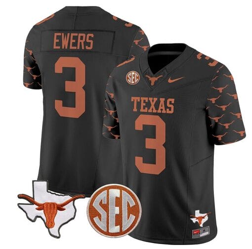 Quinn Ewers Jersey #3 Texas Longhorns State Map and Sec Patch Vapor Limited College Football Stitched Black