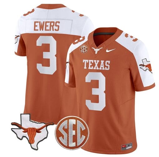 Quinn Ewers Jersey #3 Texas Longhorns State Map and Sec Patch Vapor Limited College Football Stitched Orange Alternate