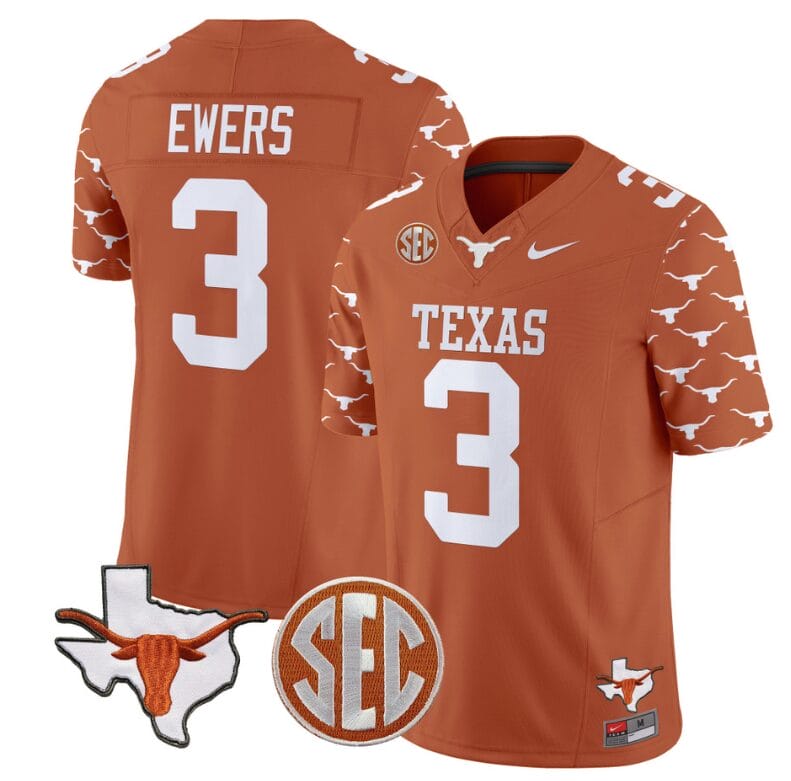 Quinn Ewers Jersey #3 Texas Longhorns State Map and Sec Patch Vapor Limited College Football Stitched Texas Orange