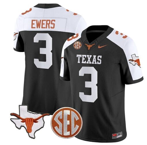 Quinn Ewers Jersey #3 Texas Longhorns State Map and Sec Patch Vapor Limited College Football Stitched Black Alternate