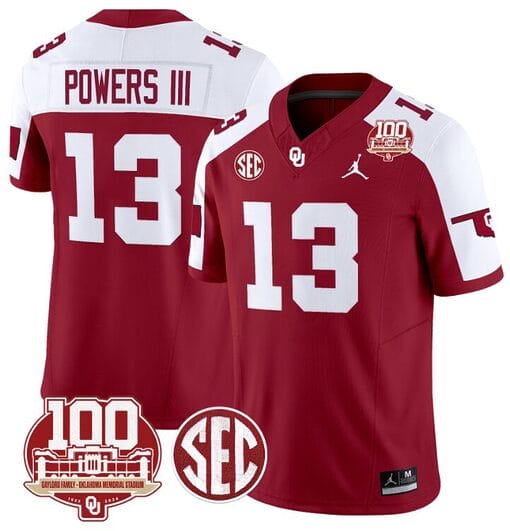 Reggie Powers III Jersey #13 Oklahoma Sooners 100th Anniversary Patch Vapor Limited College Football Stitched Crimson Alternate