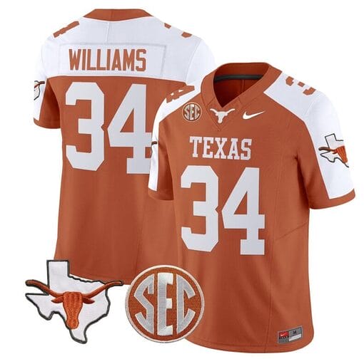 Ricky Williams Jersey #34 Texas Longhorns State Map and Sec Patch Vapor Limited College Football Stitched Orange Alternate