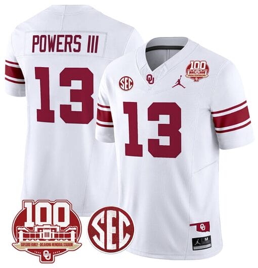 Reggie Powers III Jersey #13 Oklahoma Sooners 100th Anniversary Patch Vapor Limited College Football Stitched White