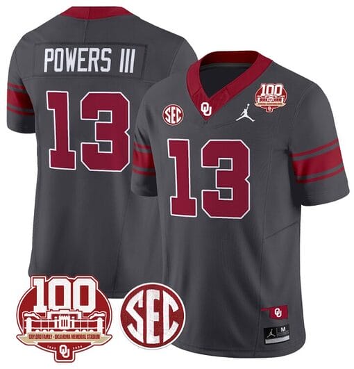 Reggie Powers III Jersey #13 Oklahoma Sooners 100th Anniversary Patch Vapor Limited College Football Stitched Anthracite