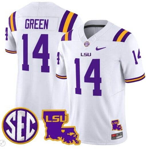 TreyDez Green Jersey #14 LSU Tigers 2024 Louisiana Patch Vapor Limited College Football Stitched White