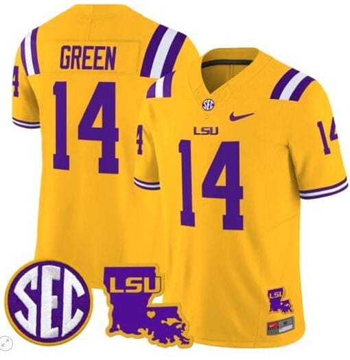 TreyDez Green Jersey #14 LSU Tigers 2024 Louisiana Patch Vapor Limited College Football Stitched Gold