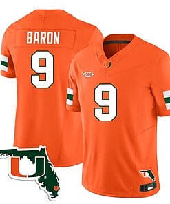 Tyler Baron Jersey #9 Miami Hurricanes Florida Map College Football Stitched Orange